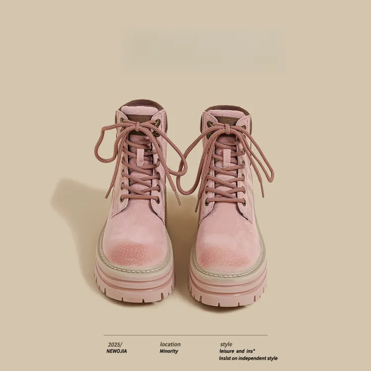 IEF/爱依服2025秋冬新款厚底大黄靴粉色时尚骑士靴系带马丁短靴女