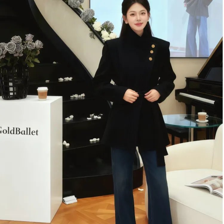 秋冬韩版洋气内里毛呢外套女小个子显瘦收腰气质炸街大衣