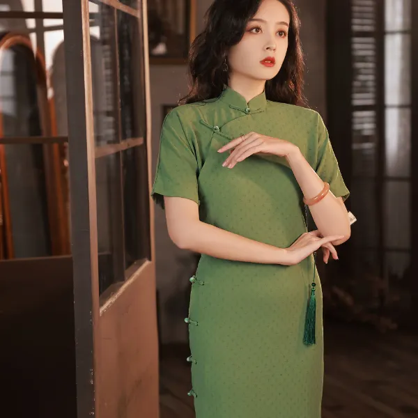 ZY-2161婉约丽人绿色一片式旗袍123cmS-3XL