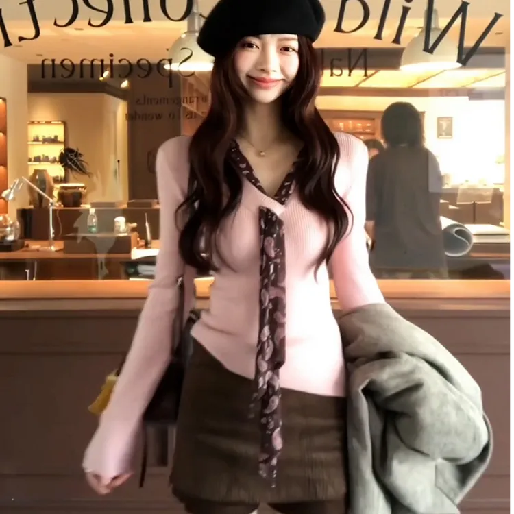 飘带v领针织打底衫女秋冬季2025新款毛衣内搭修身巨好看A11246