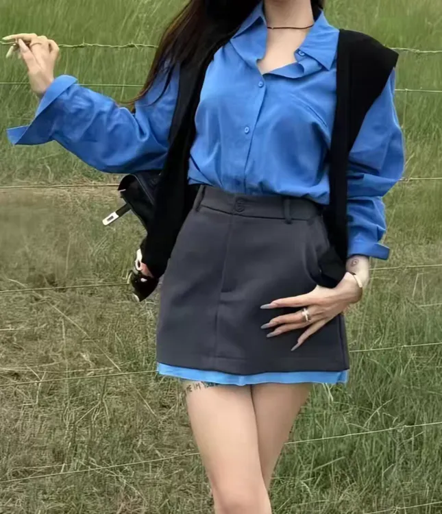 早秋新款气质百搭蓝色polo领长袖衬衫高腰撞色半身裙