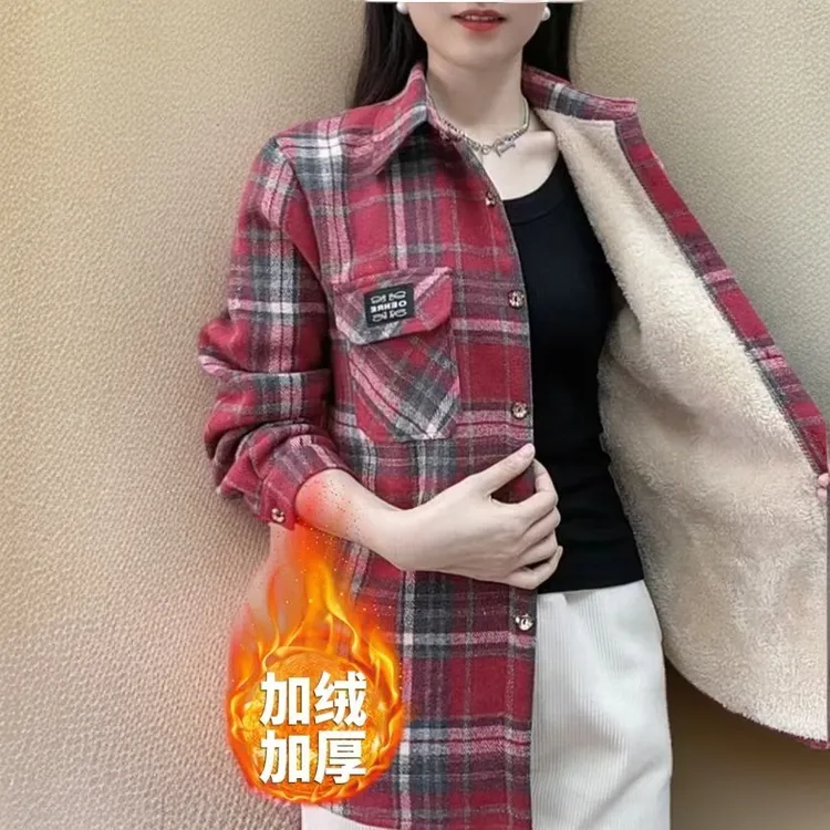 特厚加绒格子衬衫女大码女装外套加厚长厚绒保暖衬衣