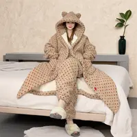 2025新小火炉三层夹绒加厚款睡袍家居服连帽宽松中长款睡衣