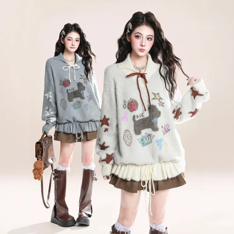 美式复古卡通小狗提花毛衣女2025秋冬新款系带宽松POLO领针织上衣