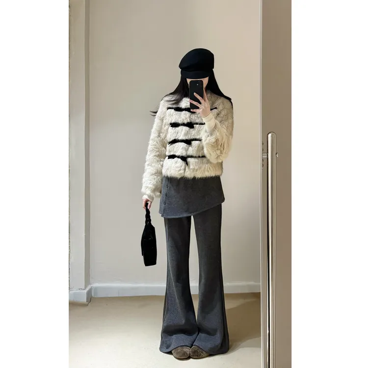 MARIE.COCO秋冬洋气时髦穿搭设计感蝴蝶结毛毛外套屁帘休闲裤套装