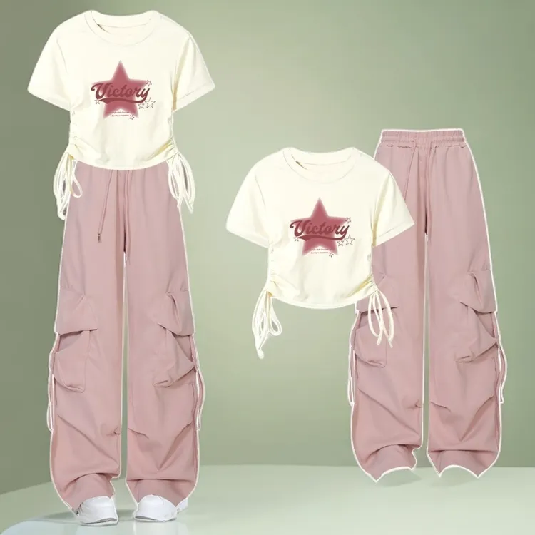 中大童学生套装2025新款夏装时尚设计感T恤少女高腰工装裤两件套