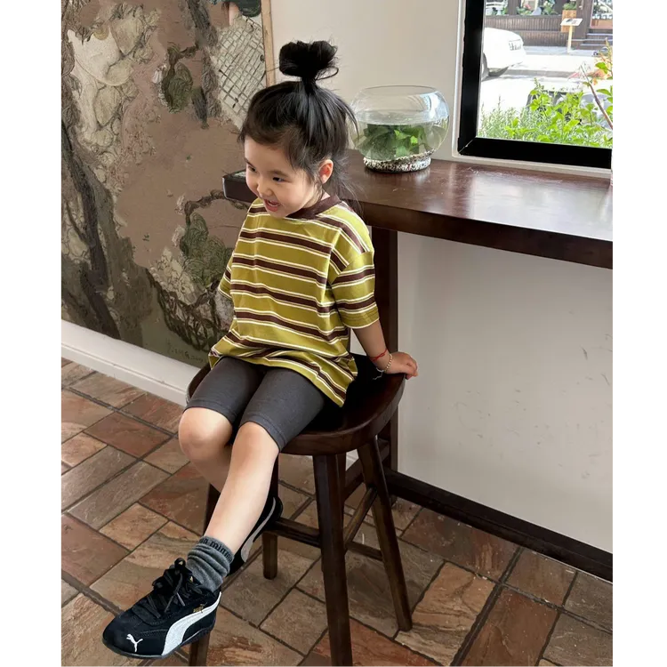 小惜亦2025女童夏装套装条纹短袖黑色骑行裤小女孩洋气韩范衣服