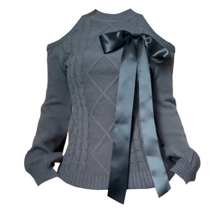 大码胖MM巨好看灰色蝴蝶结露肩毛衣女秋冬修身显瘦气质针织衫上衣