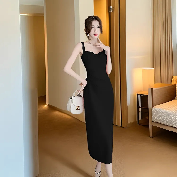 高级名媛范气质性感无袖露肩方领开叉修身收腰显瘦吊带连衣裙夏季