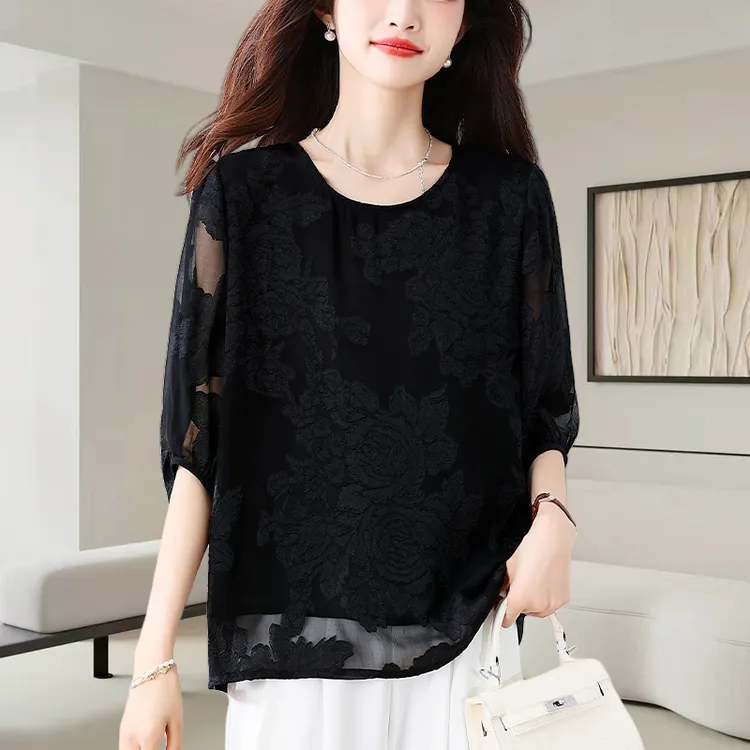 圆领提花五分袖雪纺衫女2025夏季新款宽松遮肚显瘦洋气小衫上衣