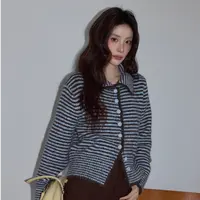 高端货~高级感咖色条纹毛衣女秋季翻领气质针织衫休闲长袖外套