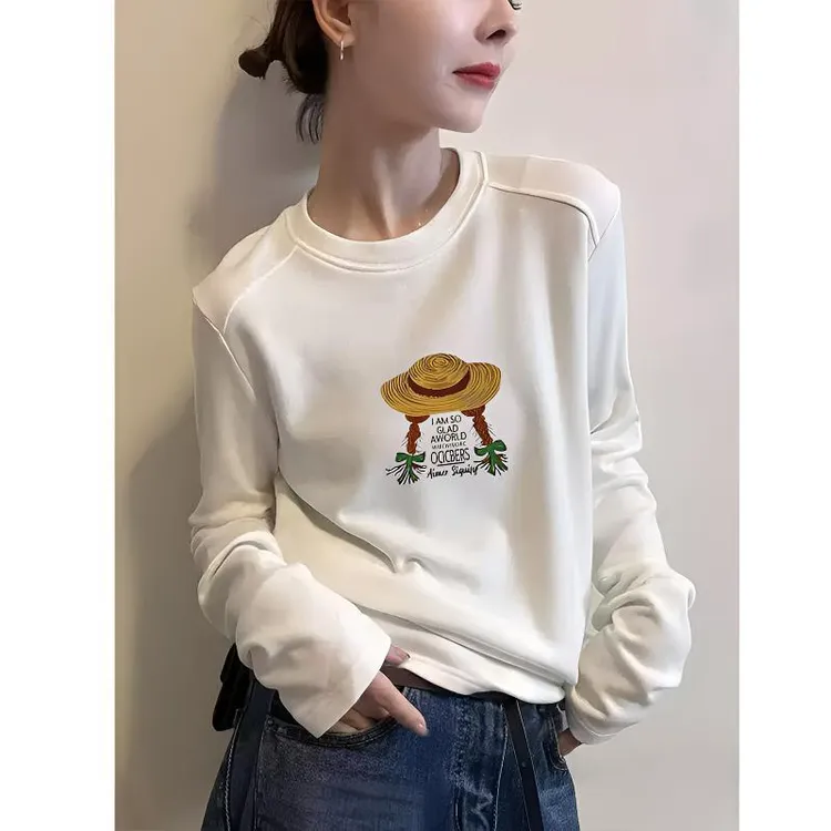 秋冬磨毛加绒打底衫女纯棉新款白色长袖t恤设计感保暖内搭上衣潮