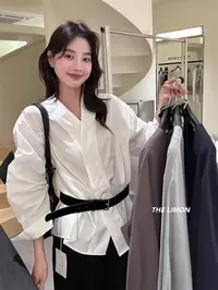 【送腰带】全额运补！秋季韩系简约V领门襟遮肉显瘦衬衫
