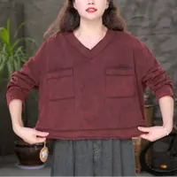 【双口袋纯棉长袖T恤】女装百搭打底衫100%棉大码宽松显瘦v领上衣