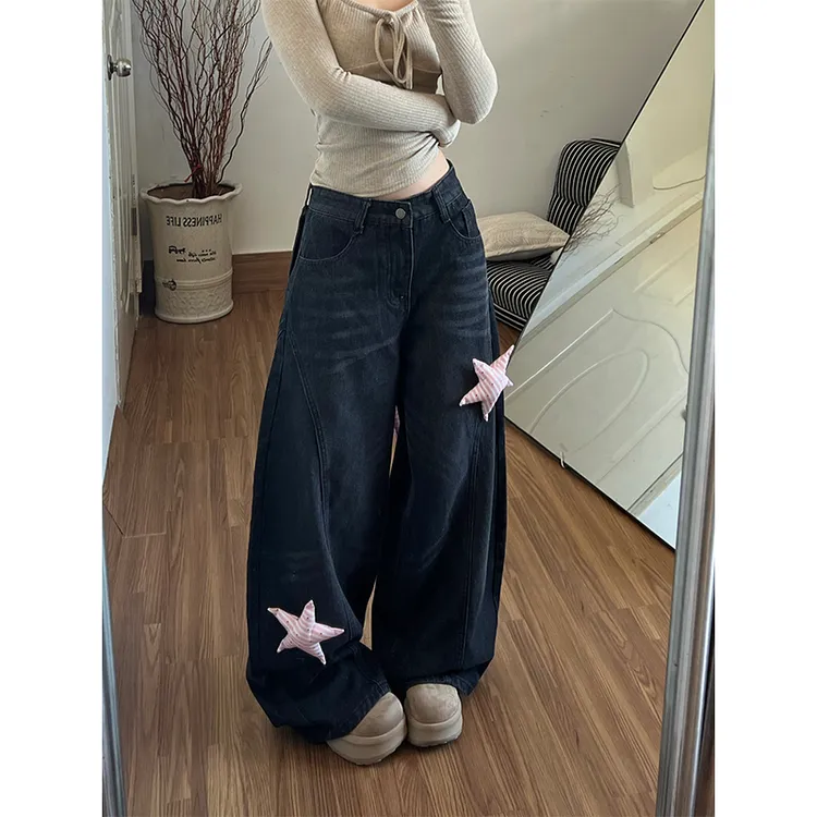 五角星挂饰牛仔裤女秋冬新款潮牌设计感水洗阔腿裤美式拖地弯刀裤