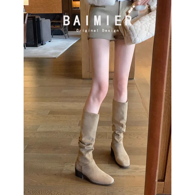 现货~小个子增高不过膝长筒靴女骑士靴粗跟褶皱堆堆西部牛仔靴