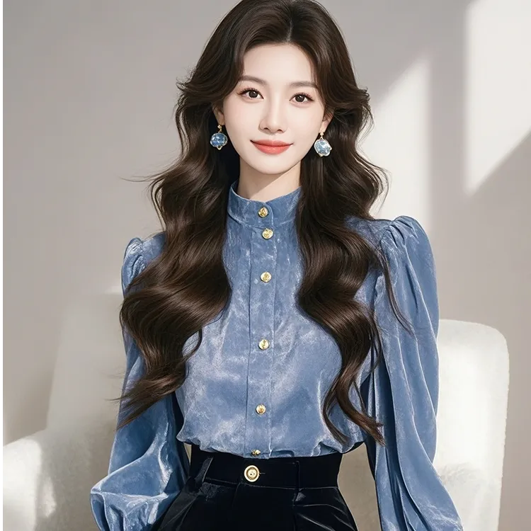 法式立领金丝绒泡泡袖衬衫女早春装2025新款高级感打底衫长袖上衣