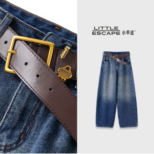 小乖逃时尚浅蓝色牛仔长裤带腰带弯刀裤宽松显瘦百搭款DD58226