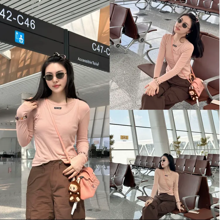 ARMS WELL王囡囡 黑/粉/白新疆优质棉圆领套头真两件长袖T恤 L94