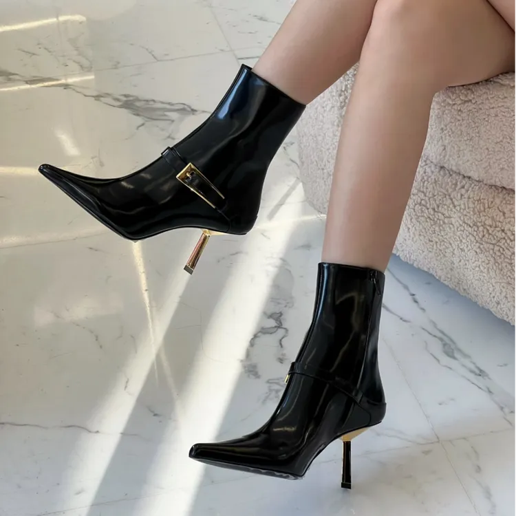短靴女2025秋冬新款百搭黑色高跟尖头时装女靴细跟气质金条跟裸靴