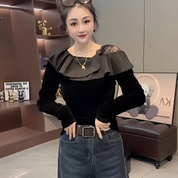 蕾丝拼接丝绒耐磨常规森系荷叶边斜领T恤小众秋季时尚长袖打底