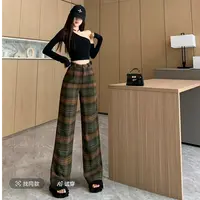 88163款格子阔腿宽松休闲慵懒窄版高腰直筒裤