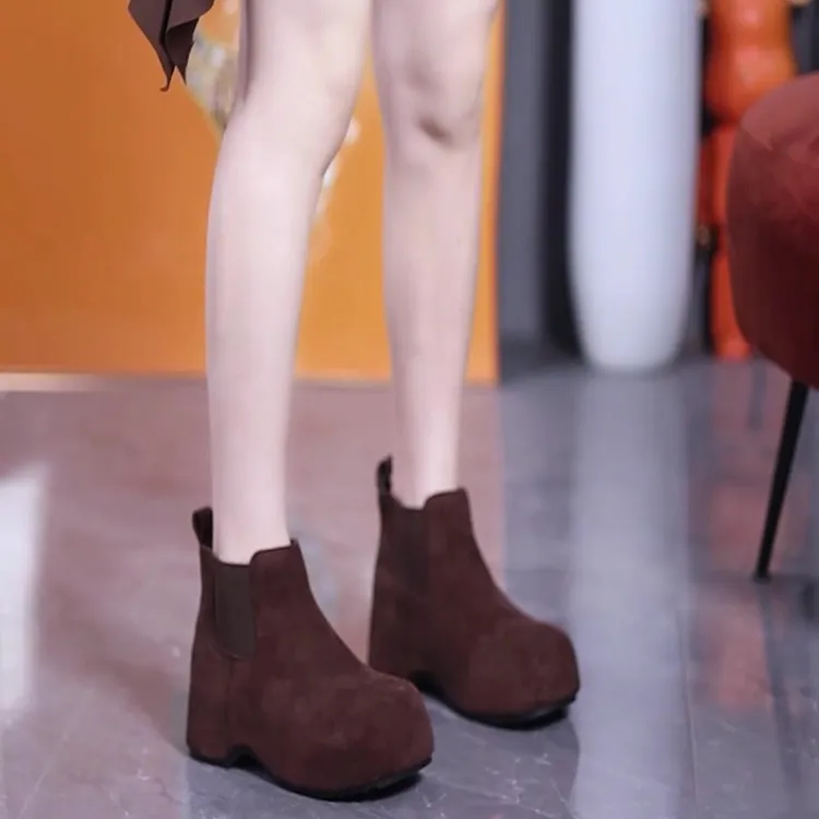 6cm内增高绒面加绒烟管靴女百搭圆头套筒切尔西勃肯鞋坡跟面包鞋