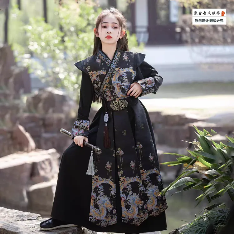 【龙舟】花木兰服装女童汉服古装锦衣卫飞鱼服女侠武侠黑武士演出服