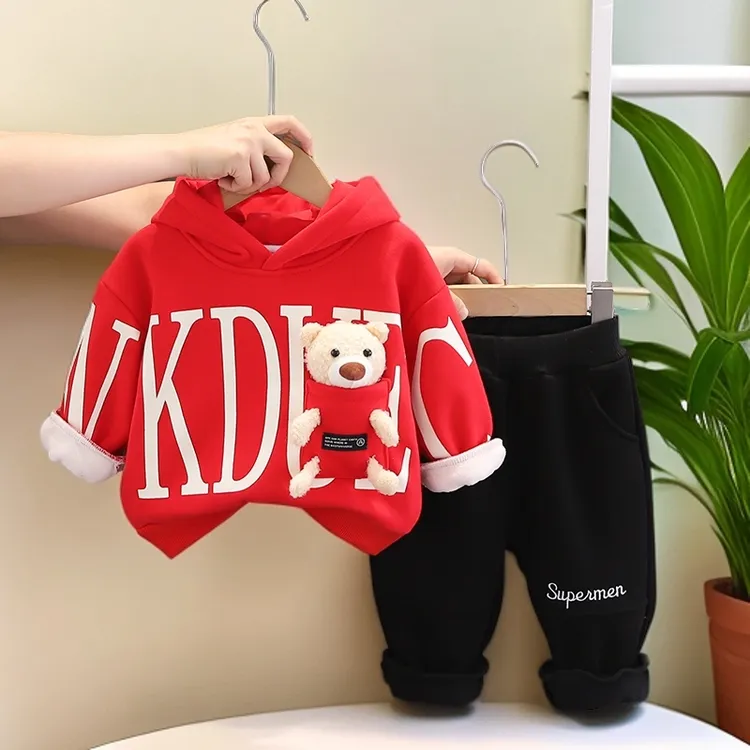 男童秋冬季套装洋气男宝宝冬装加绒加厚连帽卫衣两件套婴幼儿童装
