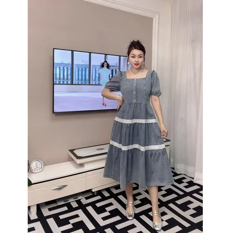 大码显瘦泡泡女装过膝夏季方领法式收腰松紧连衣裙复古牛仔裙子