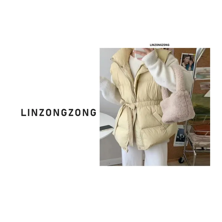 秋冬季立领抽绳收腰羽绒马甲女韩版时尚加厚白鸭绒洋气春冬季外套