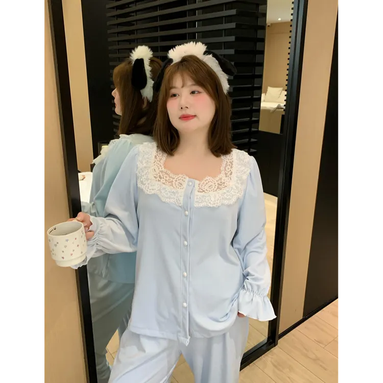 2025秋冬季新款定制海蓝温柔小香风海岛绒长袖蕾丝睡衣套装家居服