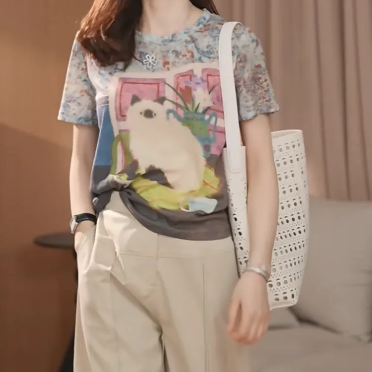 【布偶猫】休闲舒适百搭T恤女夏宽松复古圆领猫咪上衣半袖