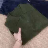 秋冬新品【发财绿】剪刀翻领套头纯色宽松长袖针织衫保暖厚毛衣081