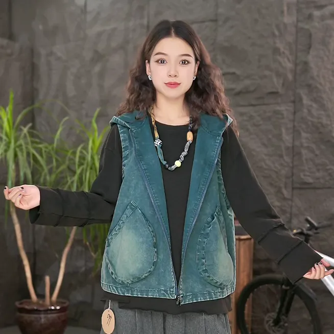 【休闲马夹连帽】女装百搭秋装牛仔衣无袖复古宽松马甲上衣