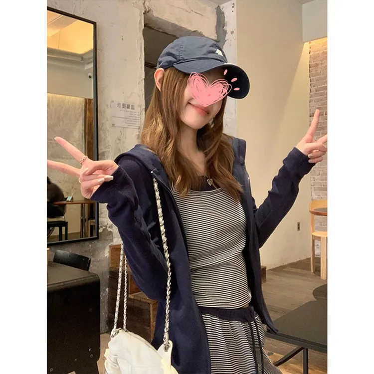 美式修身显瘦正肩连帽外套早就双拉链开衫女纯色百搭上衣女T90022