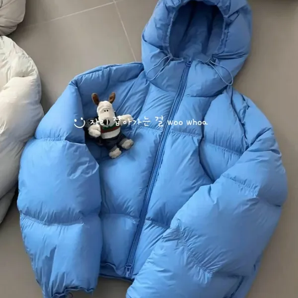 韩系蓝色连帽泡芙棉服女2025新款短款加厚保暖小个子面包服外套