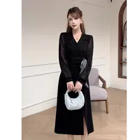 西装领拼接长袖连衣裙女2025秋季新款设计感女裙中长裙A39142