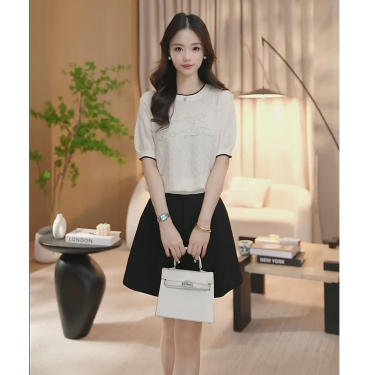 【曼贝】常规通勤刺绣短袖针织宽松女装小香风职业8542625【妮妮】