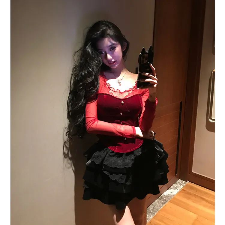 【性感多巴胺】韩系甜辣少女2025春季新款网纱拼接一字领上衣配短裙