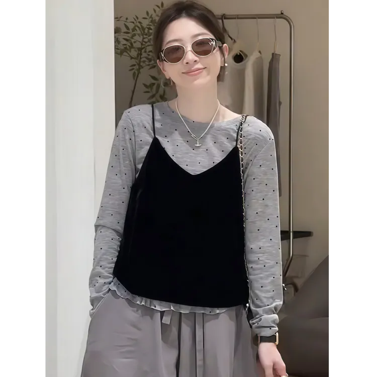 韩系早秋穿搭吊带两件套波点长袖t恤女2025新款巨好看设计感上衣