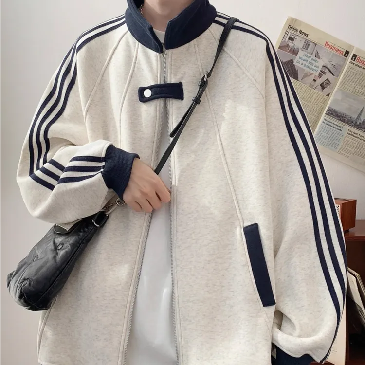 美式三条杠棒球服秋冬季男女重磅潮牌条纹运动夹克青少年拼接外套