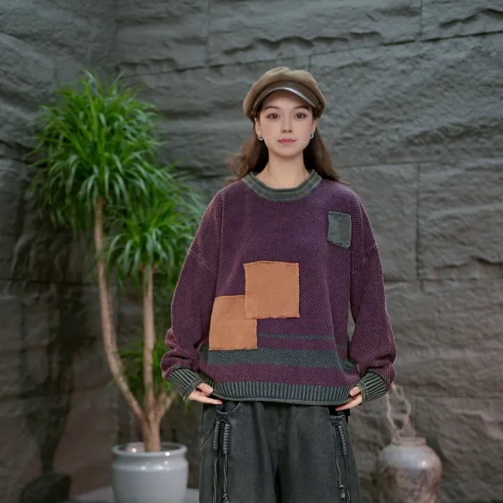 【撞色圆领针织打底】撞色秋冬针织圆领休闲拼色毛针织衫