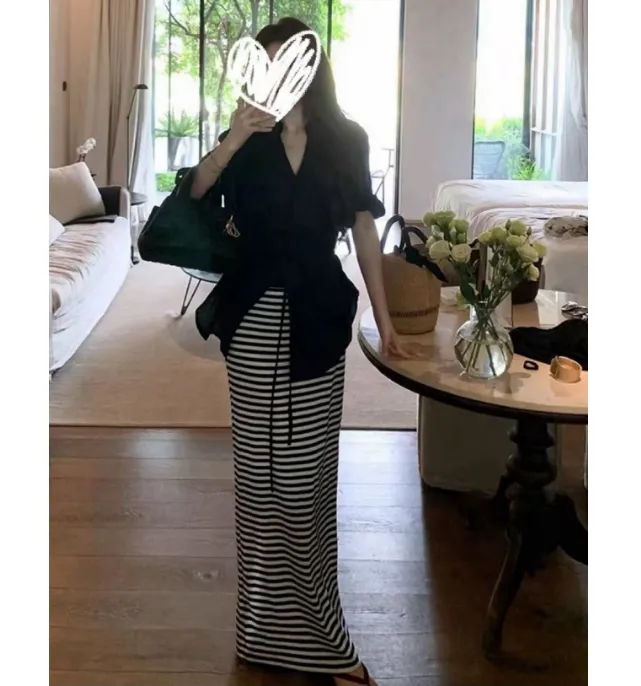 【有运补】INS风开衫时尚套装条纹高腰宽松极简风少女风不规则