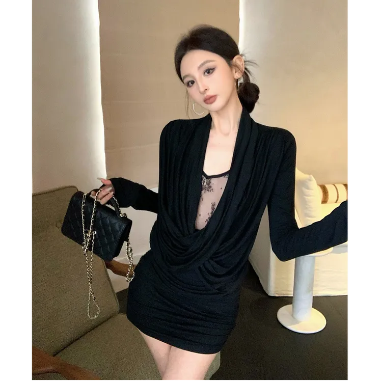 【运补6-8r】INSTUNNING设计感交叉荡领蕾丝拼接连衣裙秋冬御姐绝美气质包臀裙