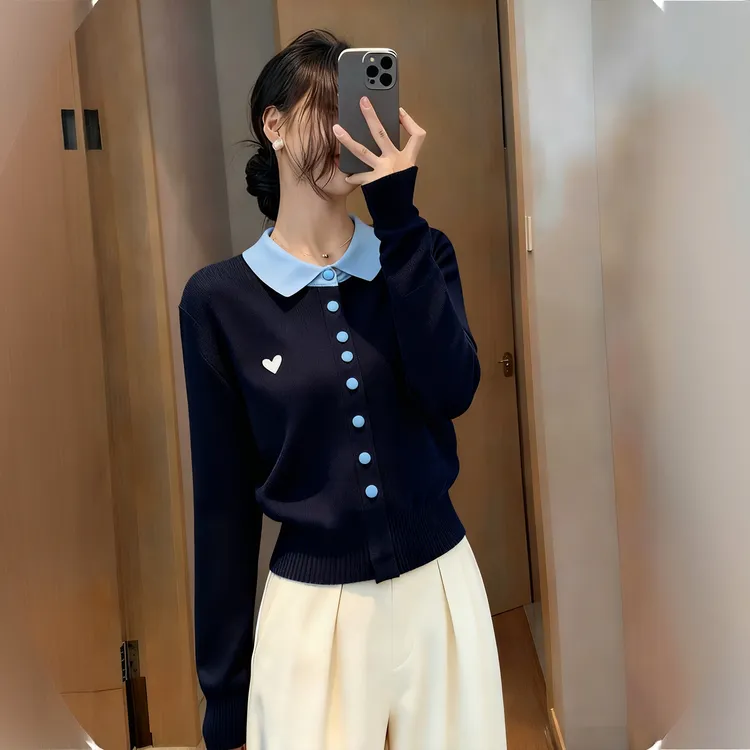 韩系学院风翻领爱心刺绣针织开衫女秋冬2025新款洋气减龄外搭上衣