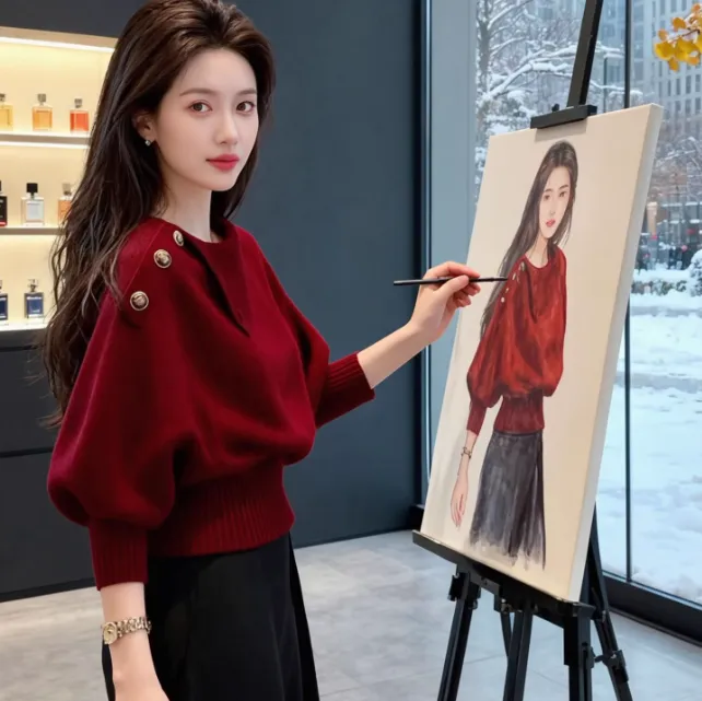 哥弟阿玛施正红色毛衣女款2025秋冬新款气质高级感套头羊毛针织衫