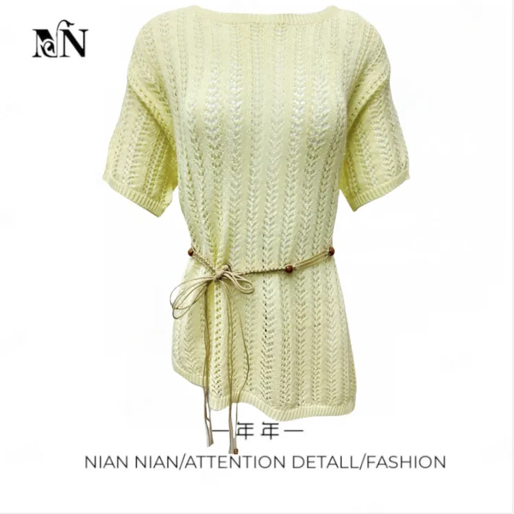 〖解锁温柔〗年年2025春夏季新款韩版甜美镂空针织显瘦上衣圆领短袖