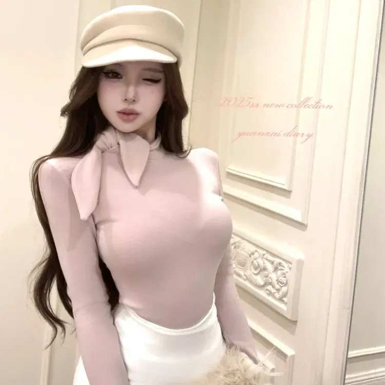 韩系御姐金秘书穿搭兔耳系带上衣秋冬新款修身显瘦扭结飘带打底衫