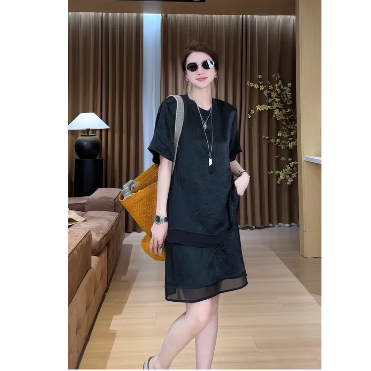 YYOUHAN 2025夏季小众设计极简轻纱拼接百搭醋酸两件套 2505C2645